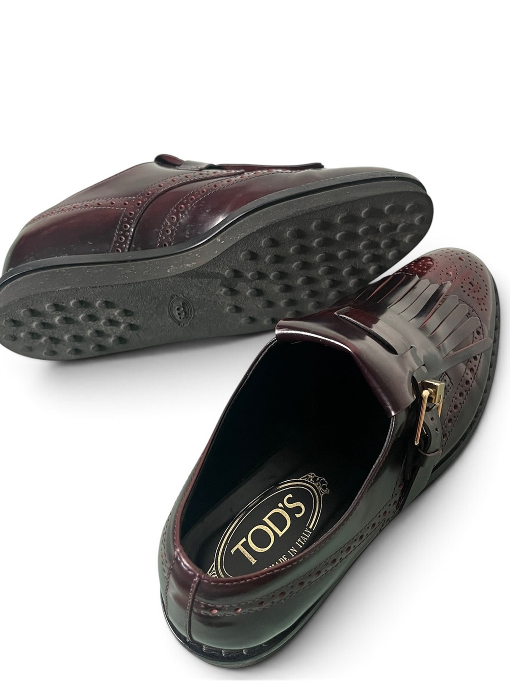Tod's Burgundy Kiltie Fringe Leather Loafers with Side Buckle SZ 8 - Picture 2 of 4